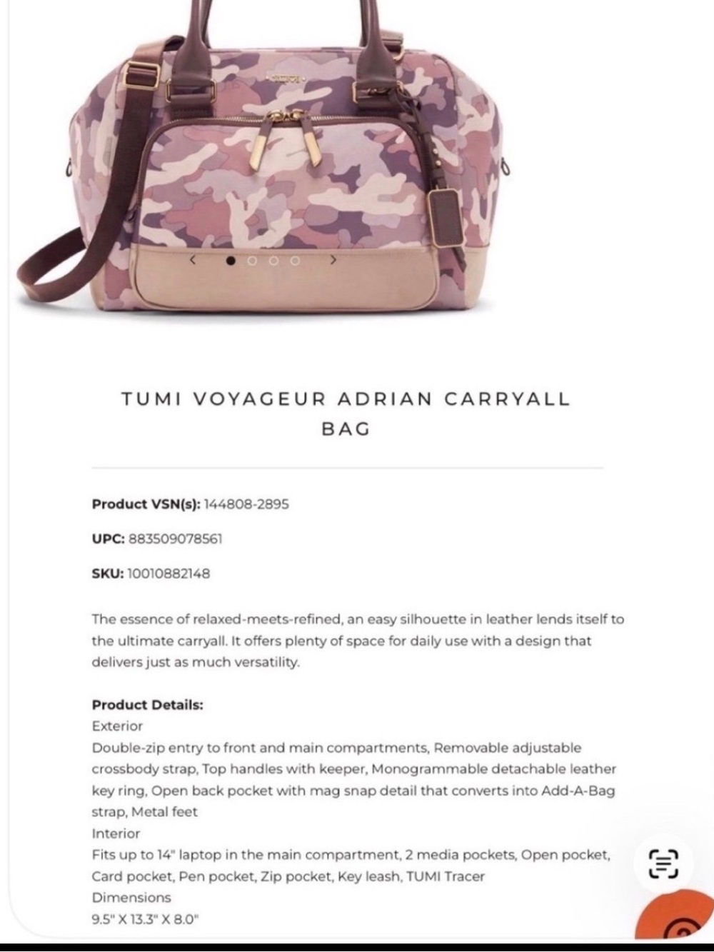 Tumi Pink Camo Voyageur Adrian Carryall with Brown Trim